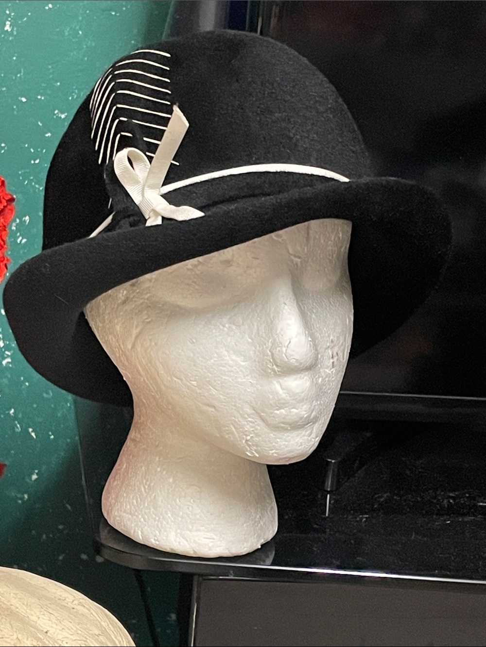 Vintage Black Felt Fedora Hat with white stitching and bow accent